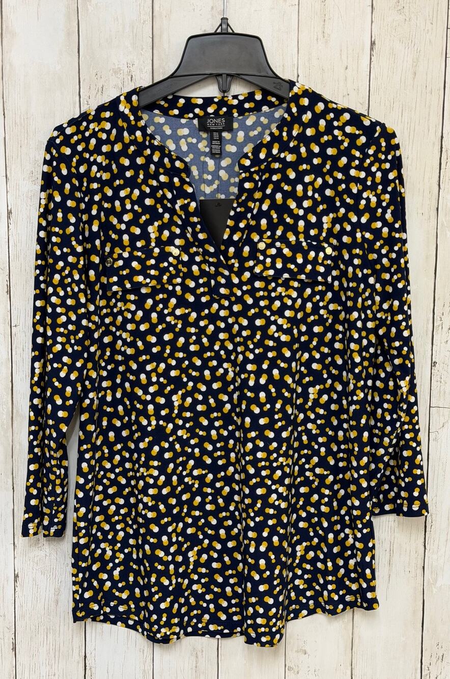 Jones New York Signature Womens Blouse M Navy Blue Polka Dot Stretch Top NWT $69